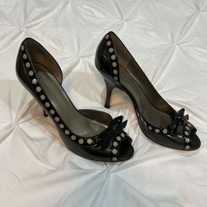 Black Patent Ivory Dot Trim Bow Detail Peep Toe Heels